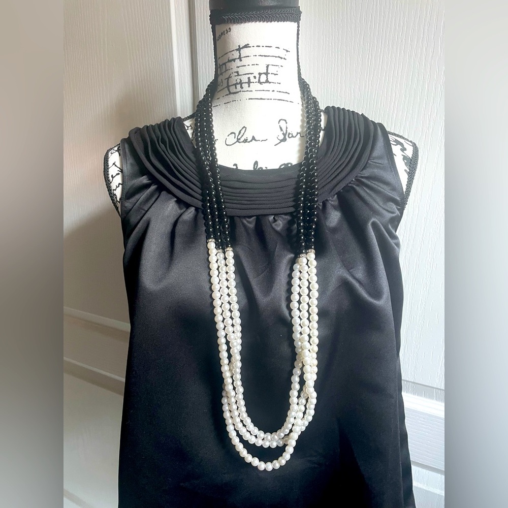 2/$20 3-String Necklace White Pearl & Black Bead with Rhinestone Beads